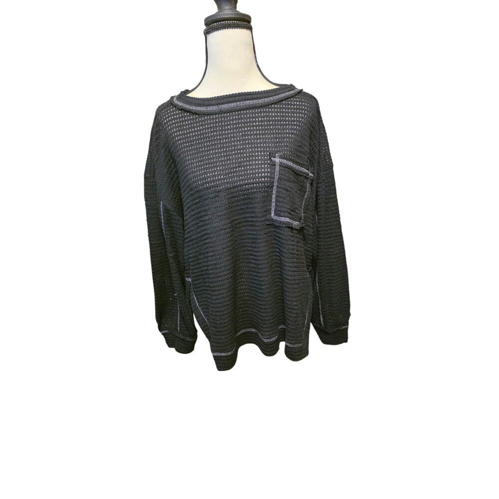 Zenana Waffle Knit Pullover w/ White Stitching L/XL Oversized Cozy Top